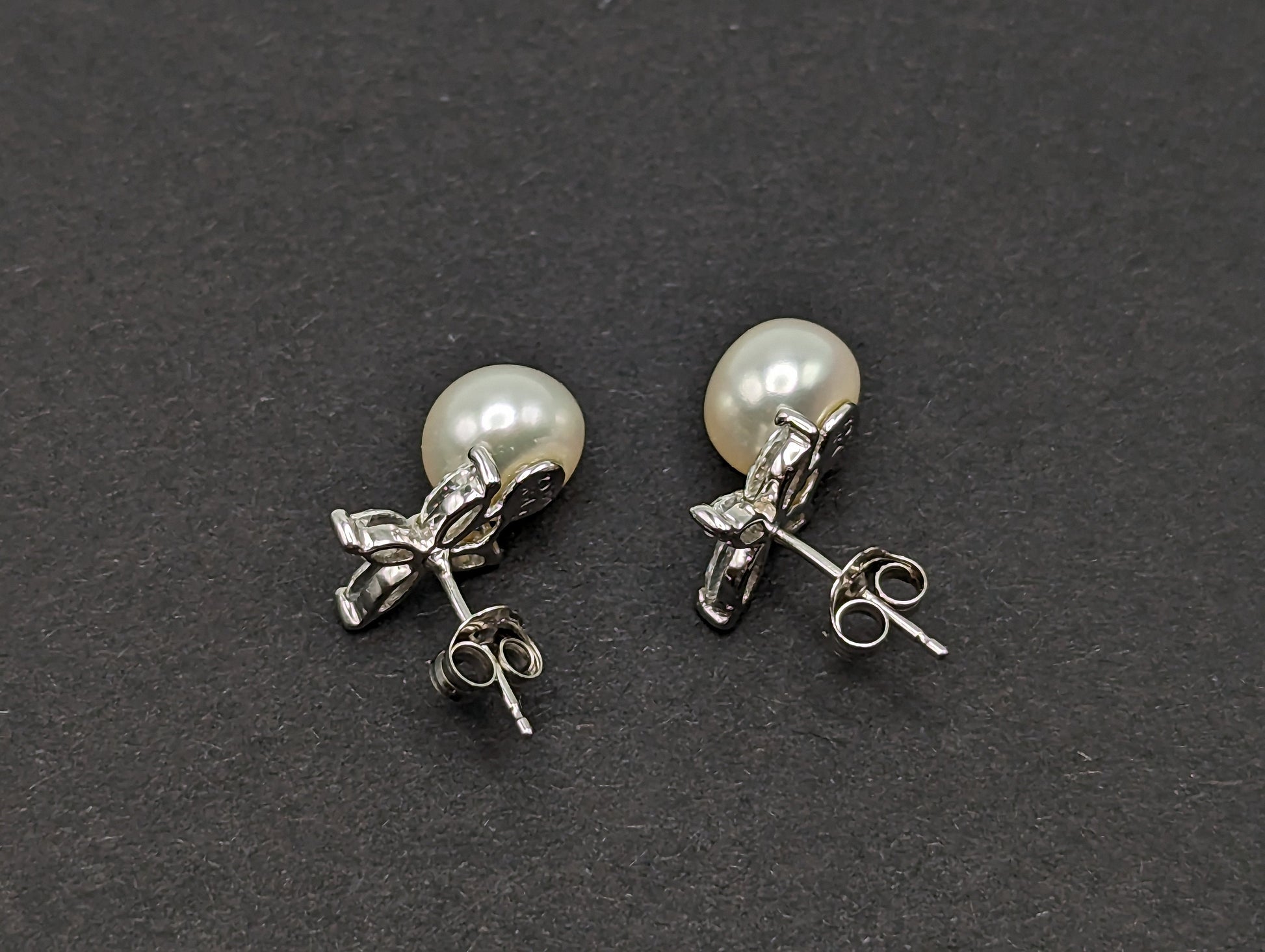 14k Pearl with CZ Earrings. 14k White Gold Pearl and Topaz Pierced Stud Earrings. Dainty Pearl Earrings.