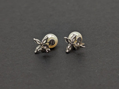 14k Pearl with CZ Earrings. 14k White Gold Pearl and Topaz Pierced Stud Earrings. Dainty Pearl Earrings.