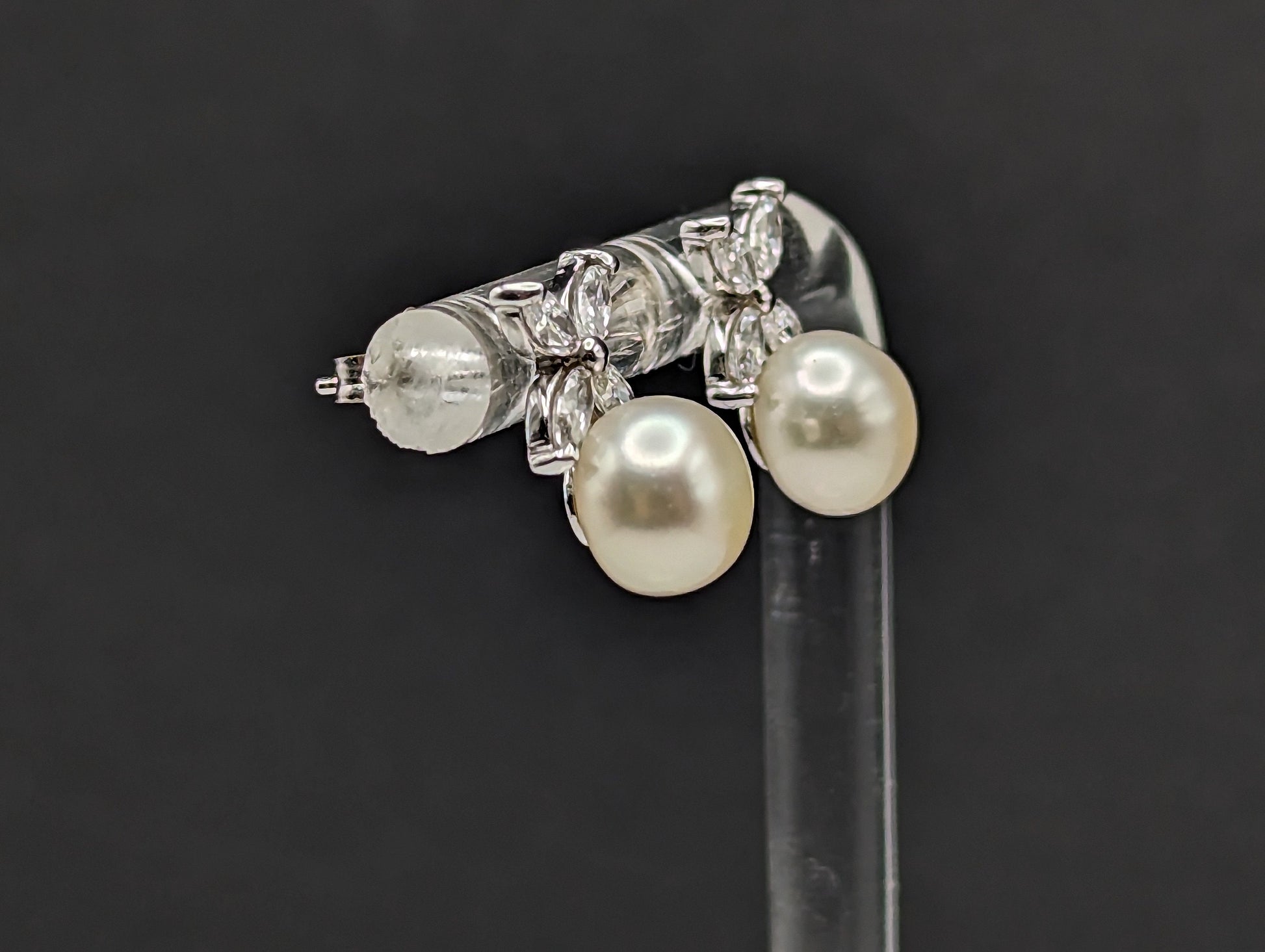 14k Pearl with CZ Earrings. 14k White Gold Pearl and Topaz Pierced Stud Earrings. Dainty Pearl Earrings.