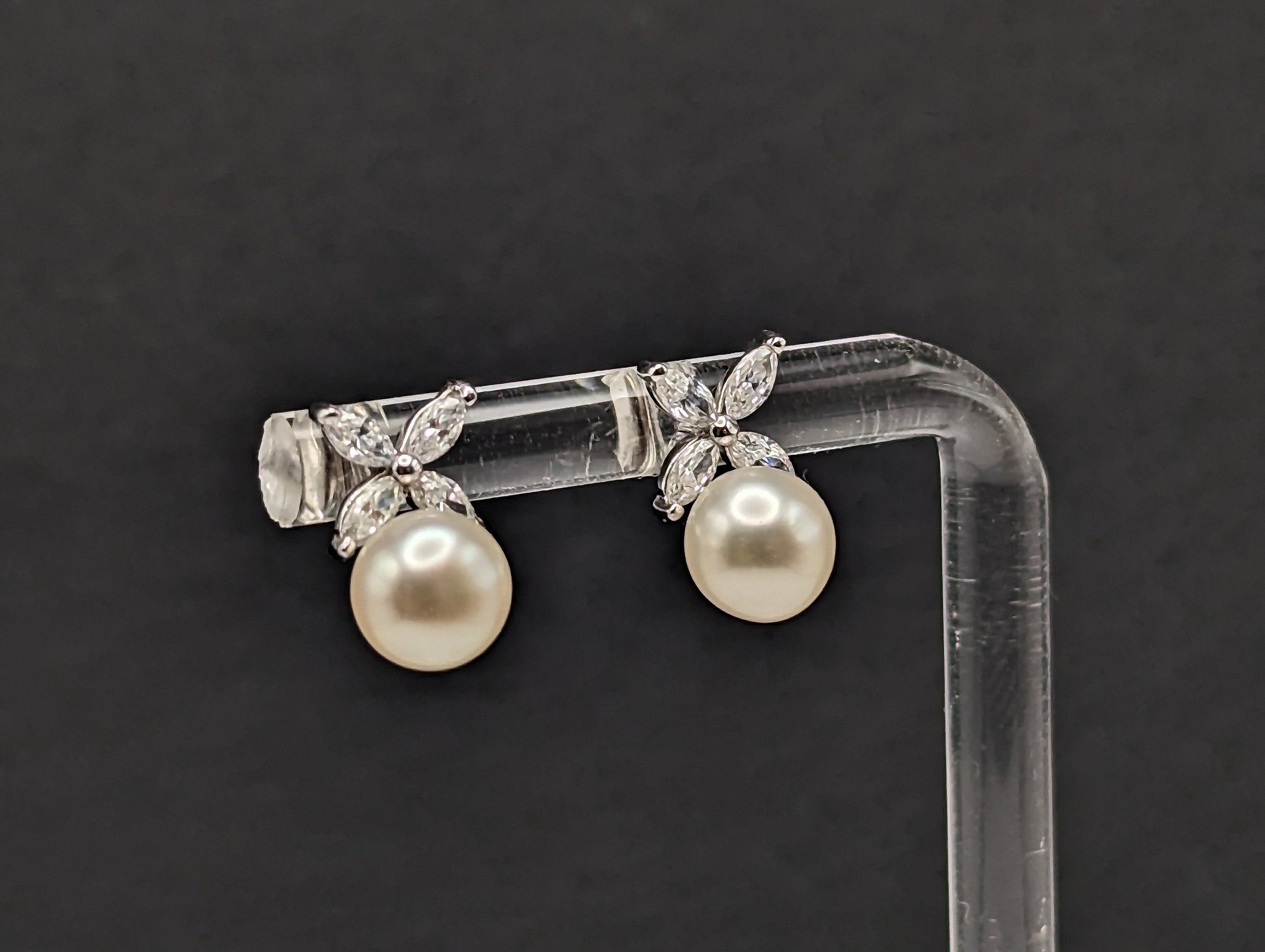 14k Pearl with CZ Earrings. 14k White Gold Pearl and Topaz Pierced Stud Earrings. Dainty Pearl Earrings.