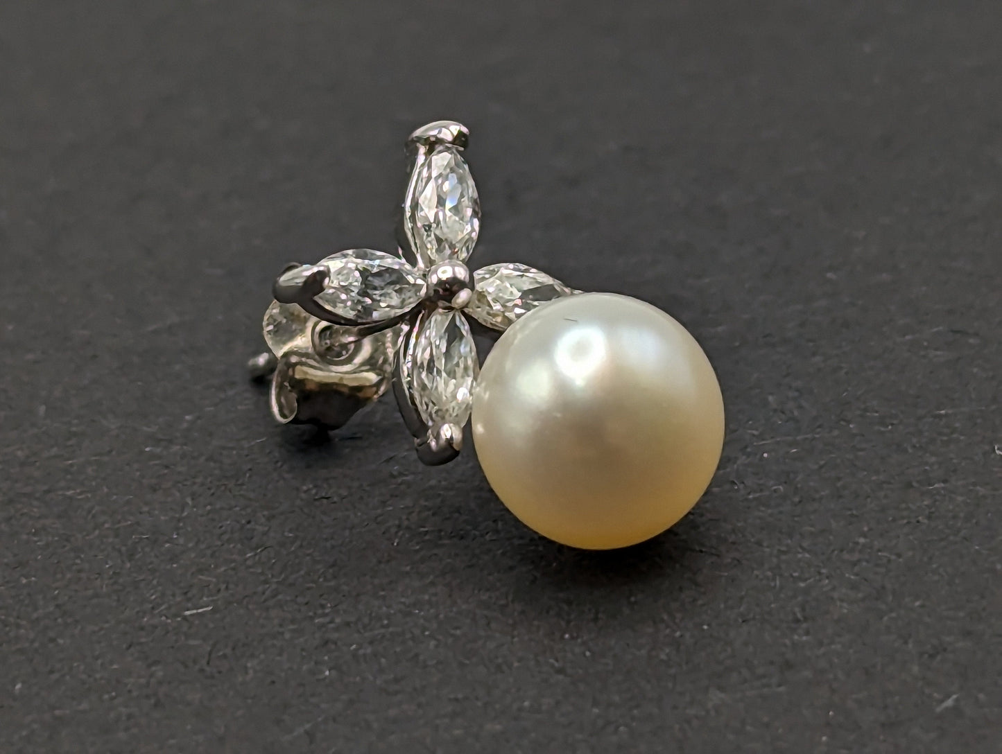 14k Pearl with CZ Earrings. 14k White Gold Pearl and Topaz Pierced Stud Earrings. Dainty Pearl Earrings.