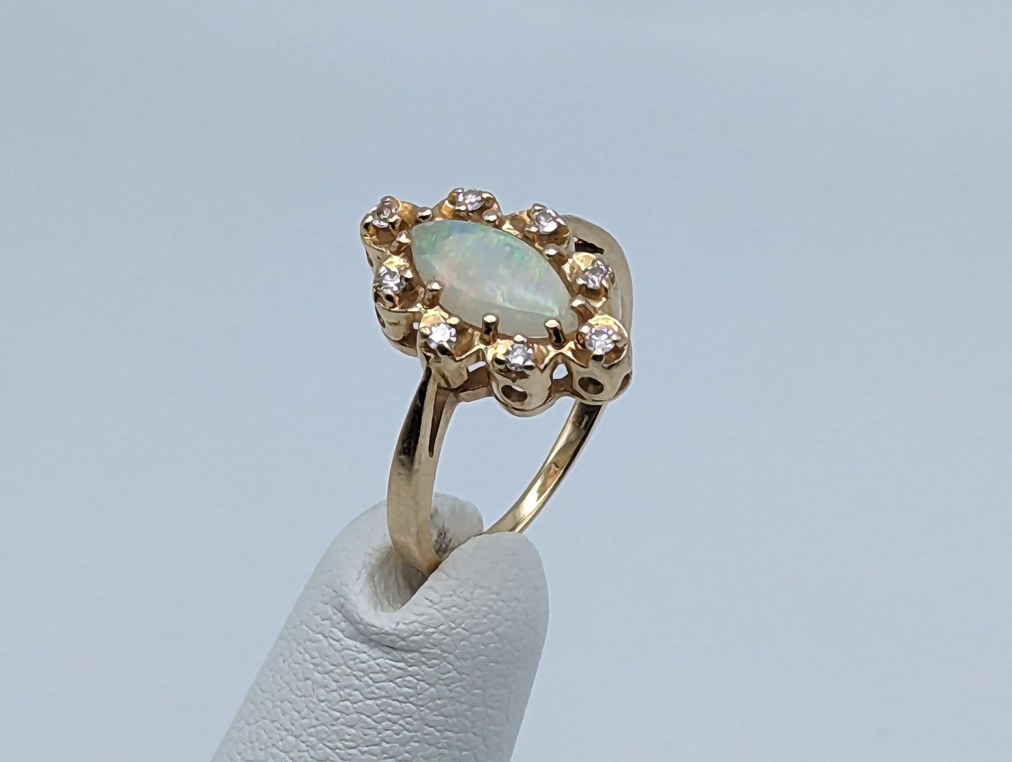 14k Yellow Gold Diamond and Opal Band 14k Gold Opal Marquise Ring. 10k Antique Anniversary Marquise Cut Opal Ring. Vintage Gold Opal Ring.