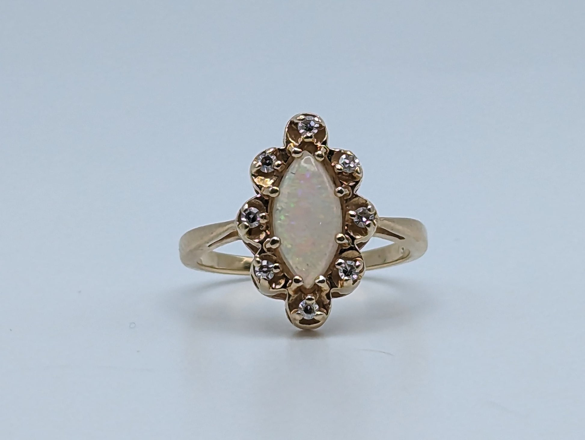 14k Yellow Gold Diamond and Opal Band 14k Gold Opal Marquise Ring. 10k Antique Anniversary Marquise Cut Opal Ring. Vintage Gold Opal Ring.