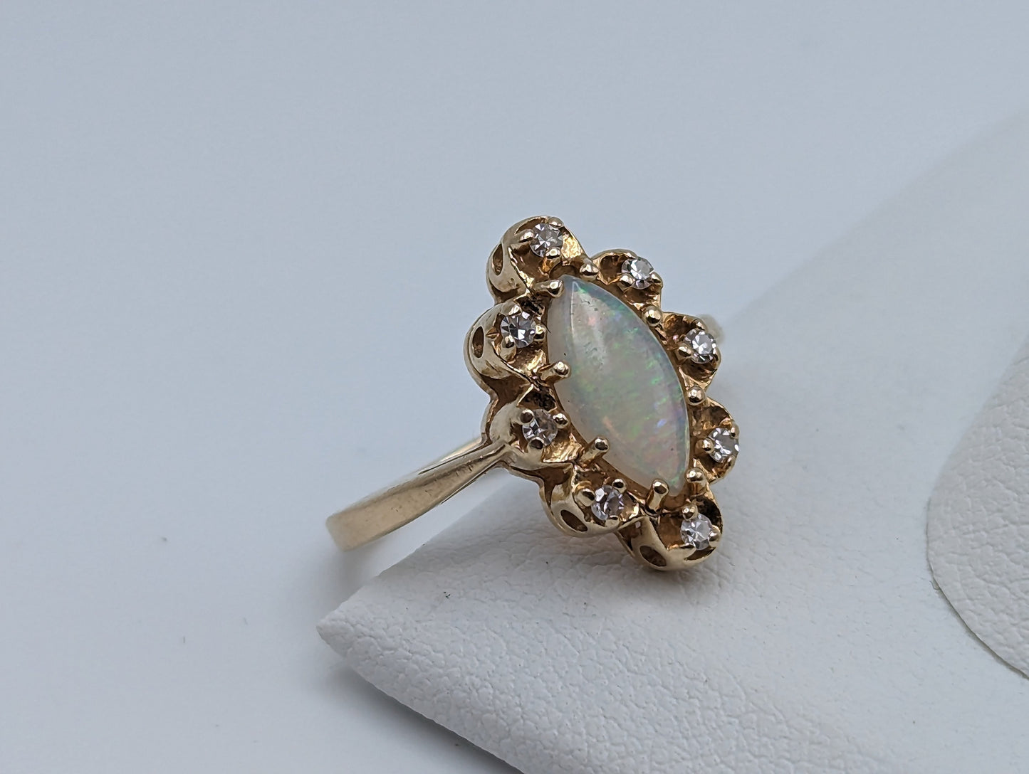 14k Yellow Gold Diamond and Opal Band 14k Gold Opal Marquise Ring. 10k Antique Anniversary Marquise Cut Opal Ring. Vintage Gold Opal Ring.