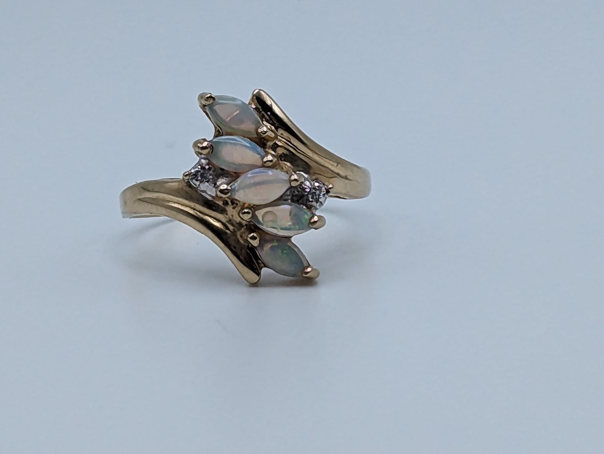 10k Yellow Gold Diamond and Opal Band. 10k Antique Anniversary Band. Vintage Gold Opal Ring.