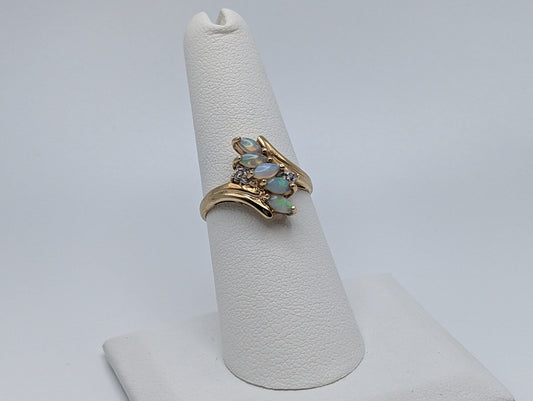 10k Yellow Gold Diamond and Opal Band. 10k Antique Anniversary Band. Vintage Gold Opal Ring.