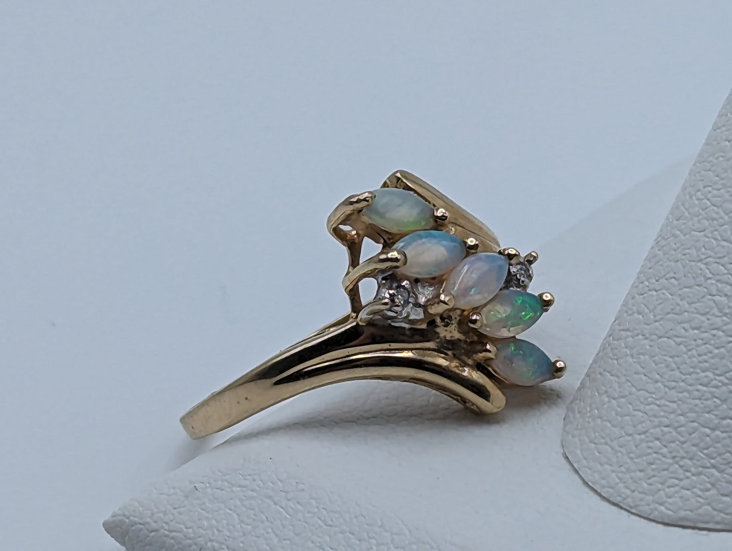 10k Yellow Gold Diamond and Opal Band. 10k Antique Anniversary Band. Vintage Gold Opal Ring.