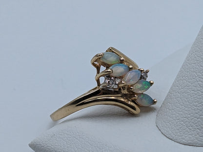 10k Yellow Gold Diamond and Opal Band. 10k Antique Anniversary Band. Vintage Gold Opal Ring.