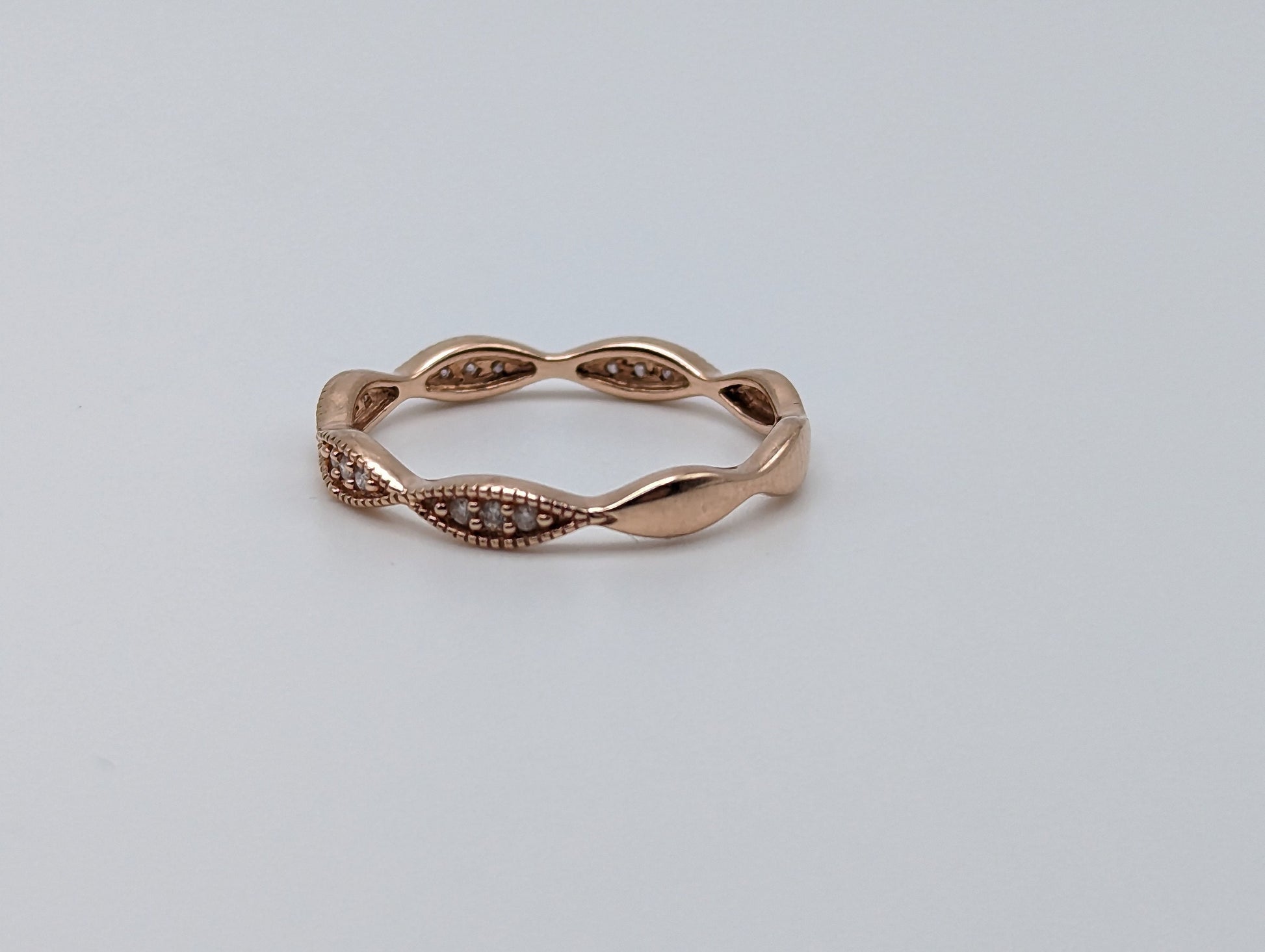 Rose Gold 10k Wavy Diamond Dainty Band Ring. Minimalist Wavy Diamond Ring.