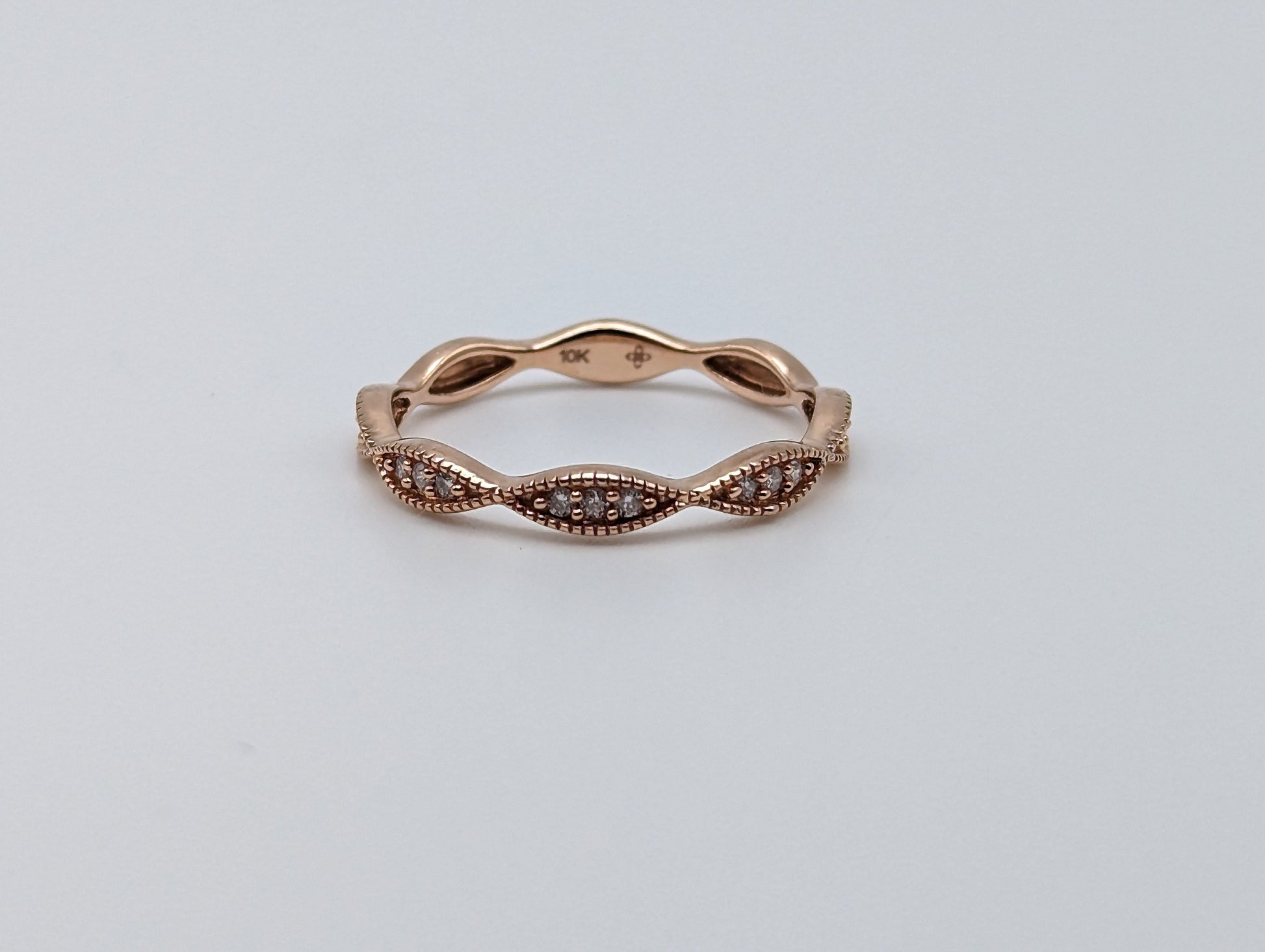 Rose Gold 10k Wavy Diamond Dainty Band Ring. Minimalist Wavy Diamond Ring.