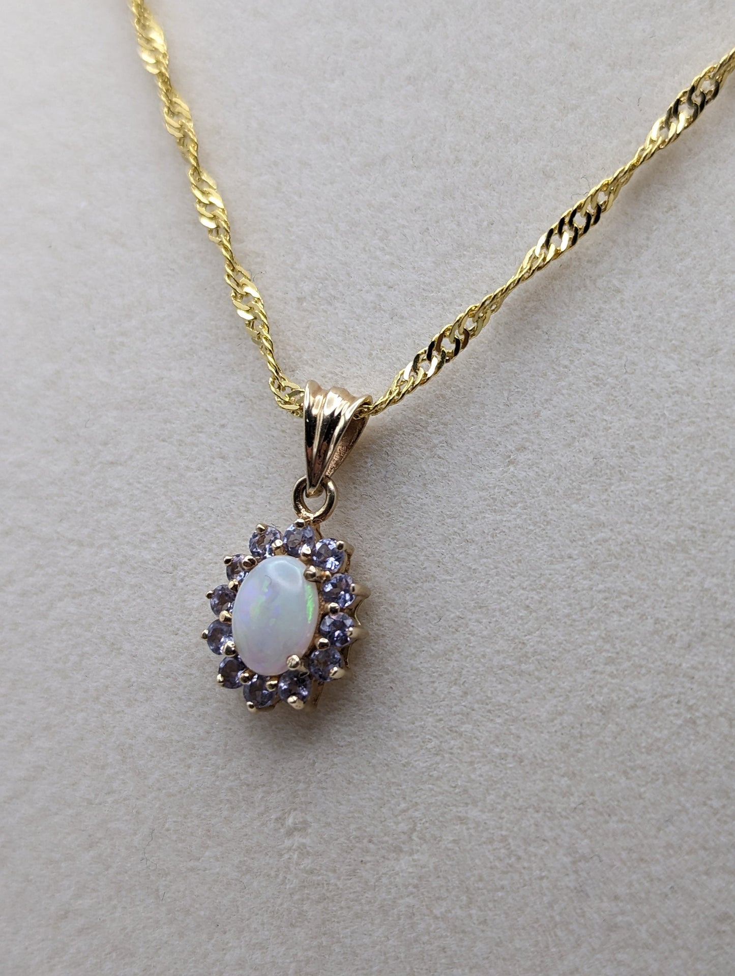 10k Yellow Gold Opal and Tanzanite Pendant. 10k Oval Opal Pendant. Complimentary 18k GF necklace