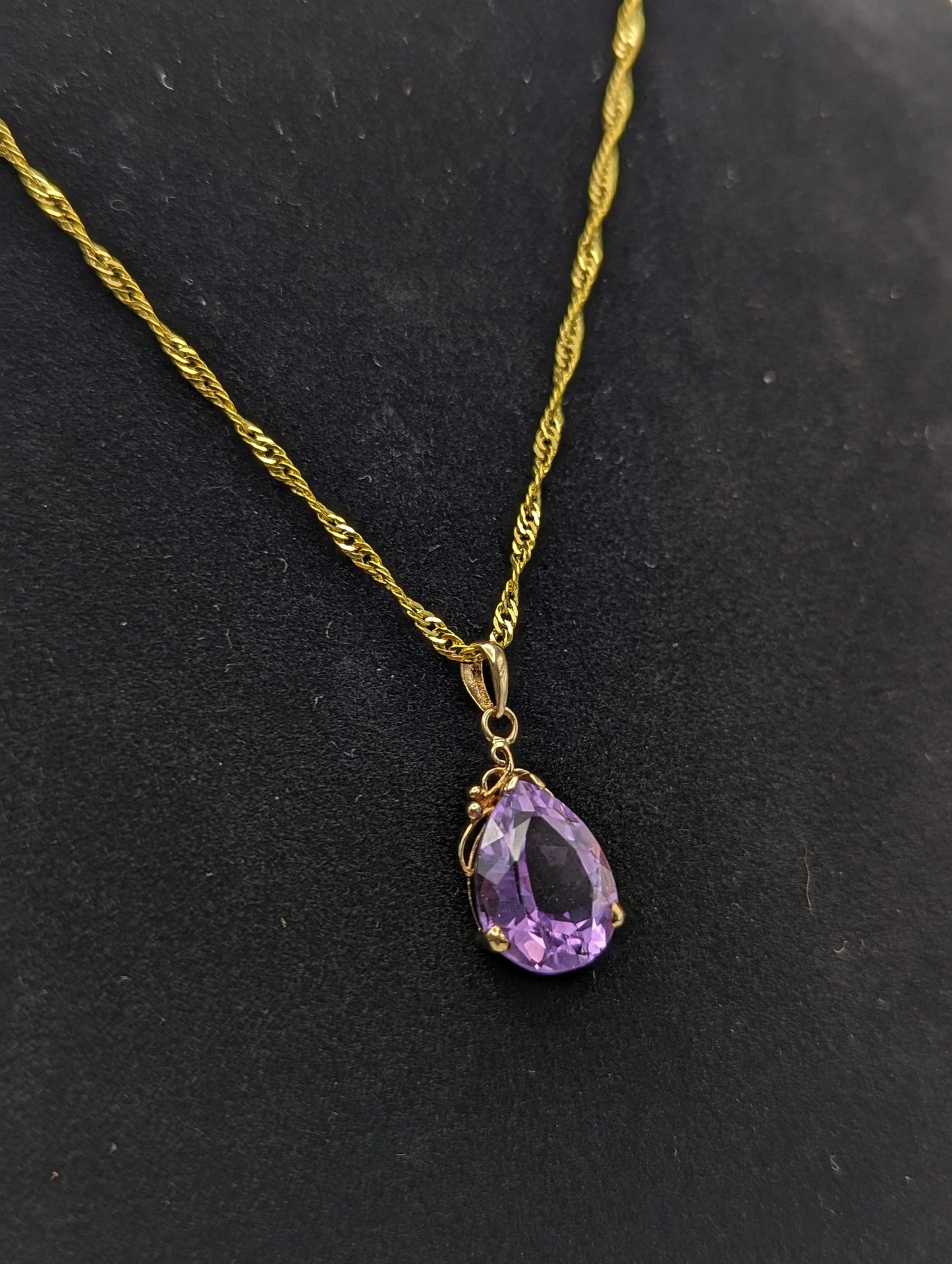 10k Yellow Gold Amethyst Pendant. Amethyst Pendant in 10k Yellow Gold Tear Drop Pendant. + 18k GF Necklace