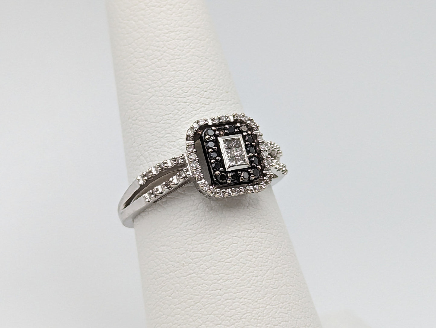 14k White Gold Double Band Black Diamond Halo Engagement Ring Diamond White Gold Ring White Gold Promise Ring