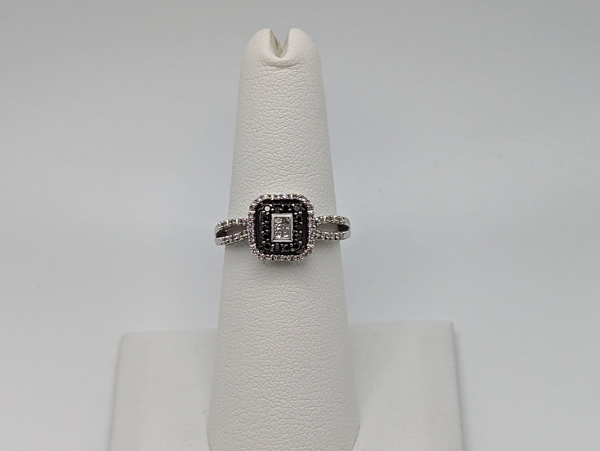 14k White Gold Double Band Black Diamond Halo Engagement Ring Diamond White Gold Ring White Gold Promise Ring