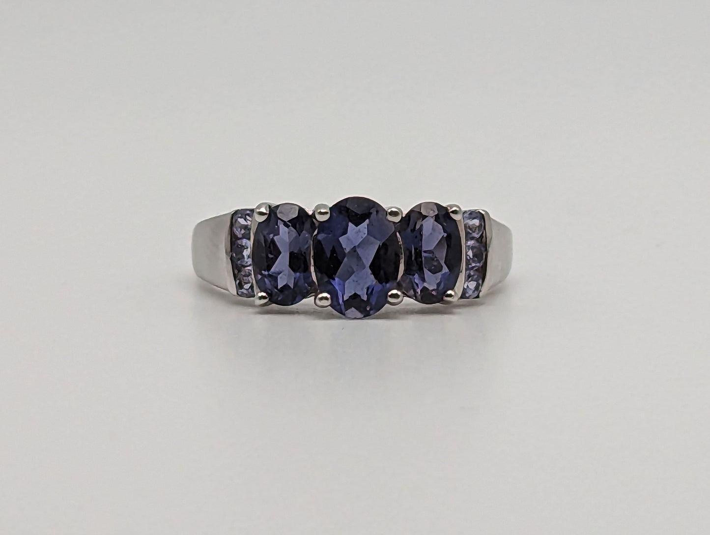 White Gold 10k Three Stone Tanzanite Ring. 10k White Gold Womens Past Future and Present Ring.