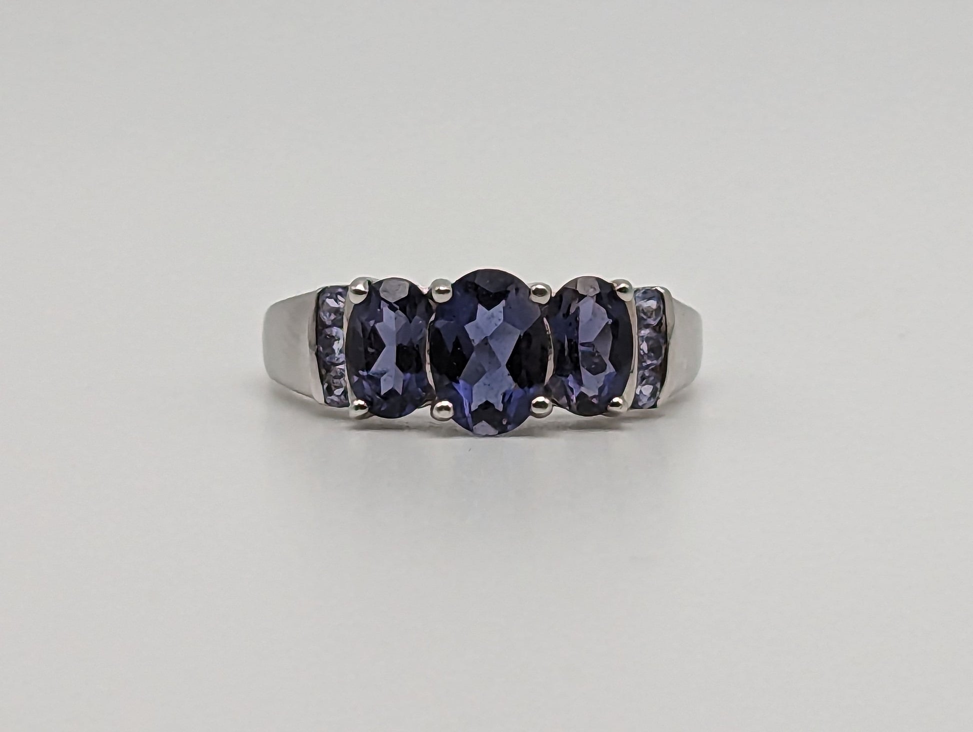 White Gold 10k Three Stone Tanzanite Ring. 10k White Gold Womens Past Future and Present Ring.