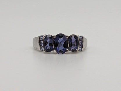 White Gold 10k Three Stone Tanzanite Ring. 10k White Gold Womens Past Future and Present Ring.