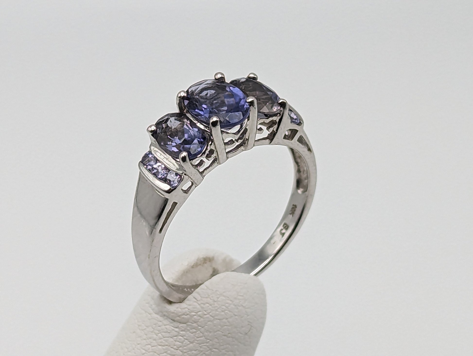 White Gold 10k Three Stone Tanzanite Ring. 10k White Gold Womens Past Future and Present Ring.