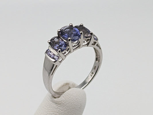 White Gold 10k Three Stone Tanzanite Ring. 10k White Gold Womens Past Future and Present Ring.