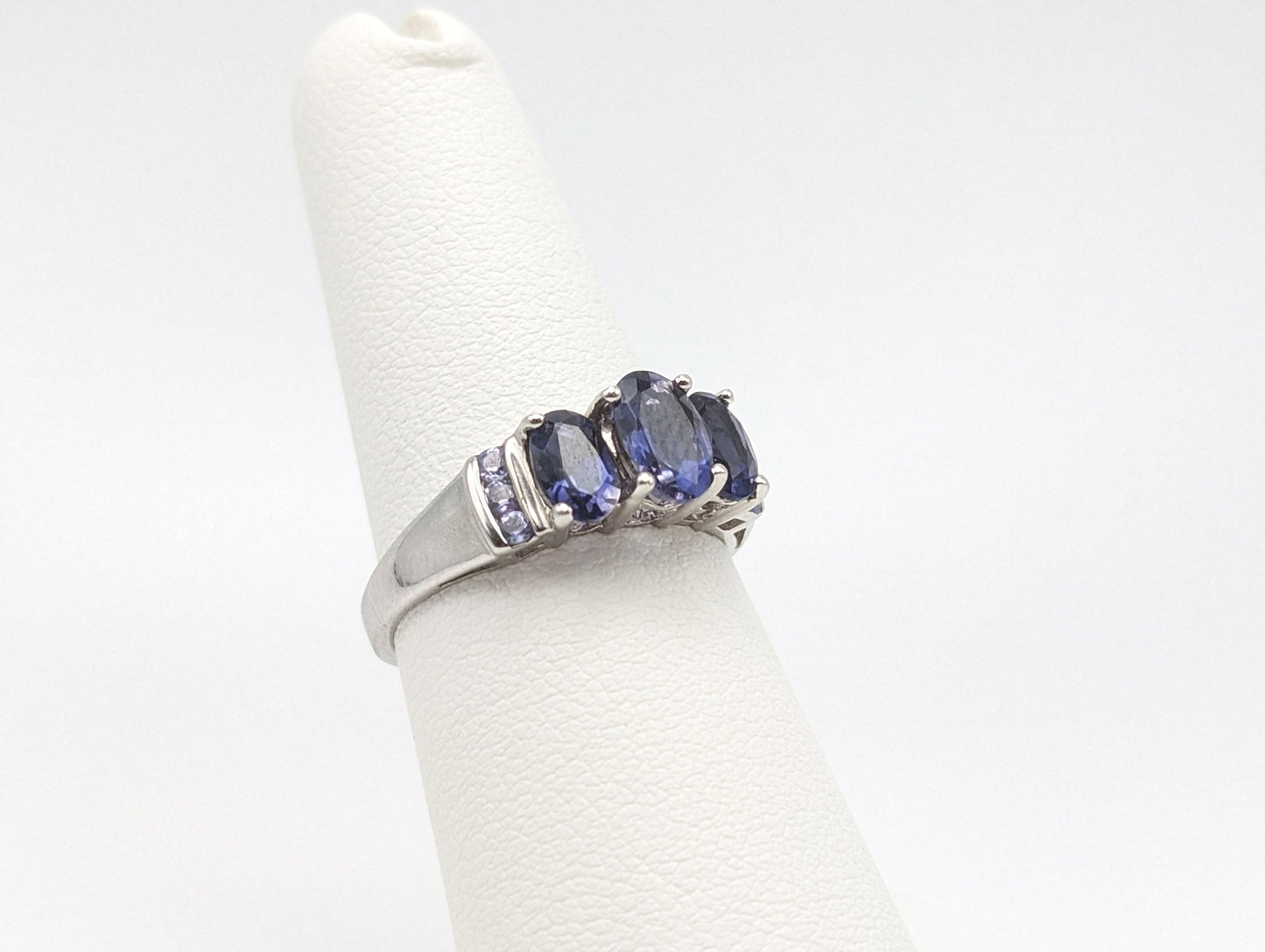 White Gold 10k Three Stone Tanzanite Ring. 10k White Gold Womens Past Future and Present Ring.