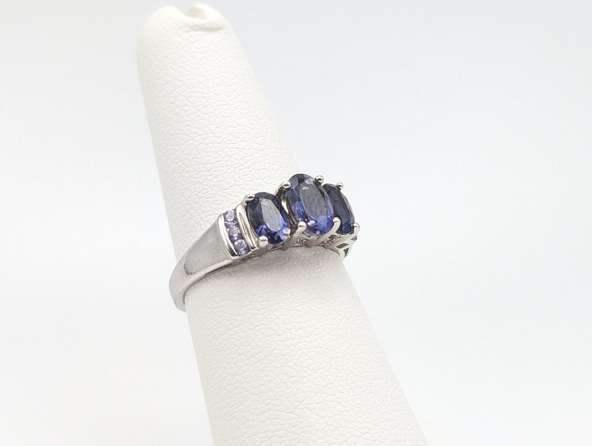 White Gold 10k Three Stone Tanzanite Ring. 10k White Gold Womens Past Future and Present Ring.