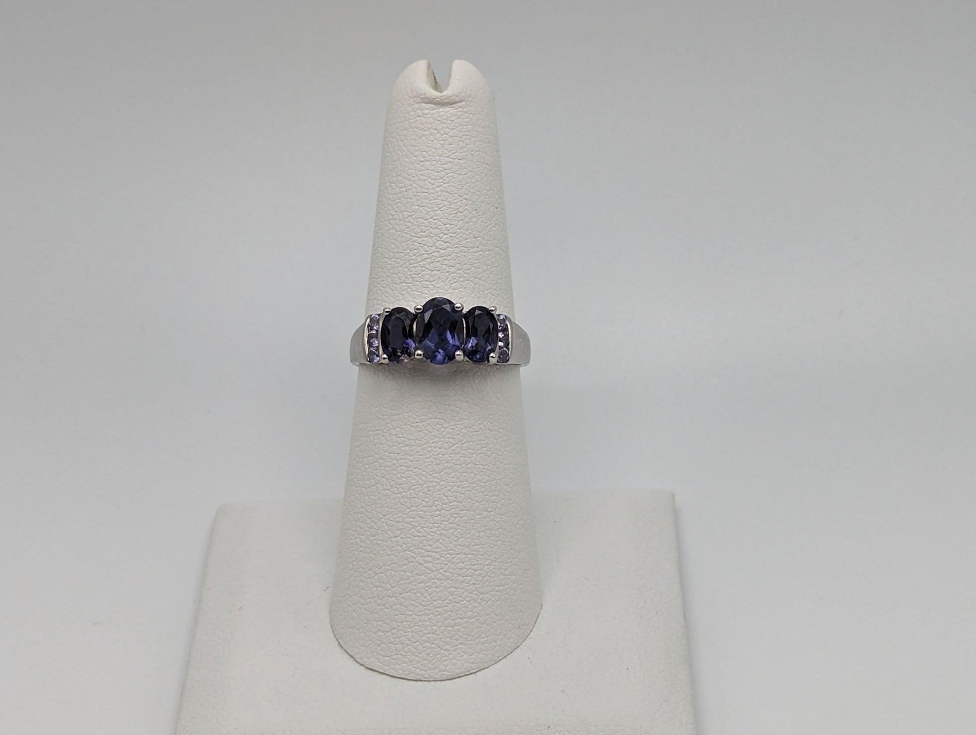 White Gold 10k Three Stone Tanzanite Ring. 10k White Gold Womens Past Future and Present Ring.