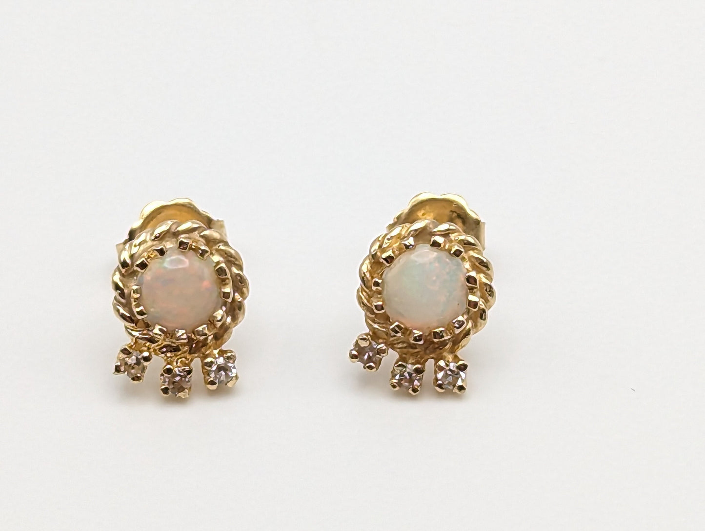 14k Yellow Gold Opal and Diamond Earrings. 14k Opal and Diamond Womens Earrings.