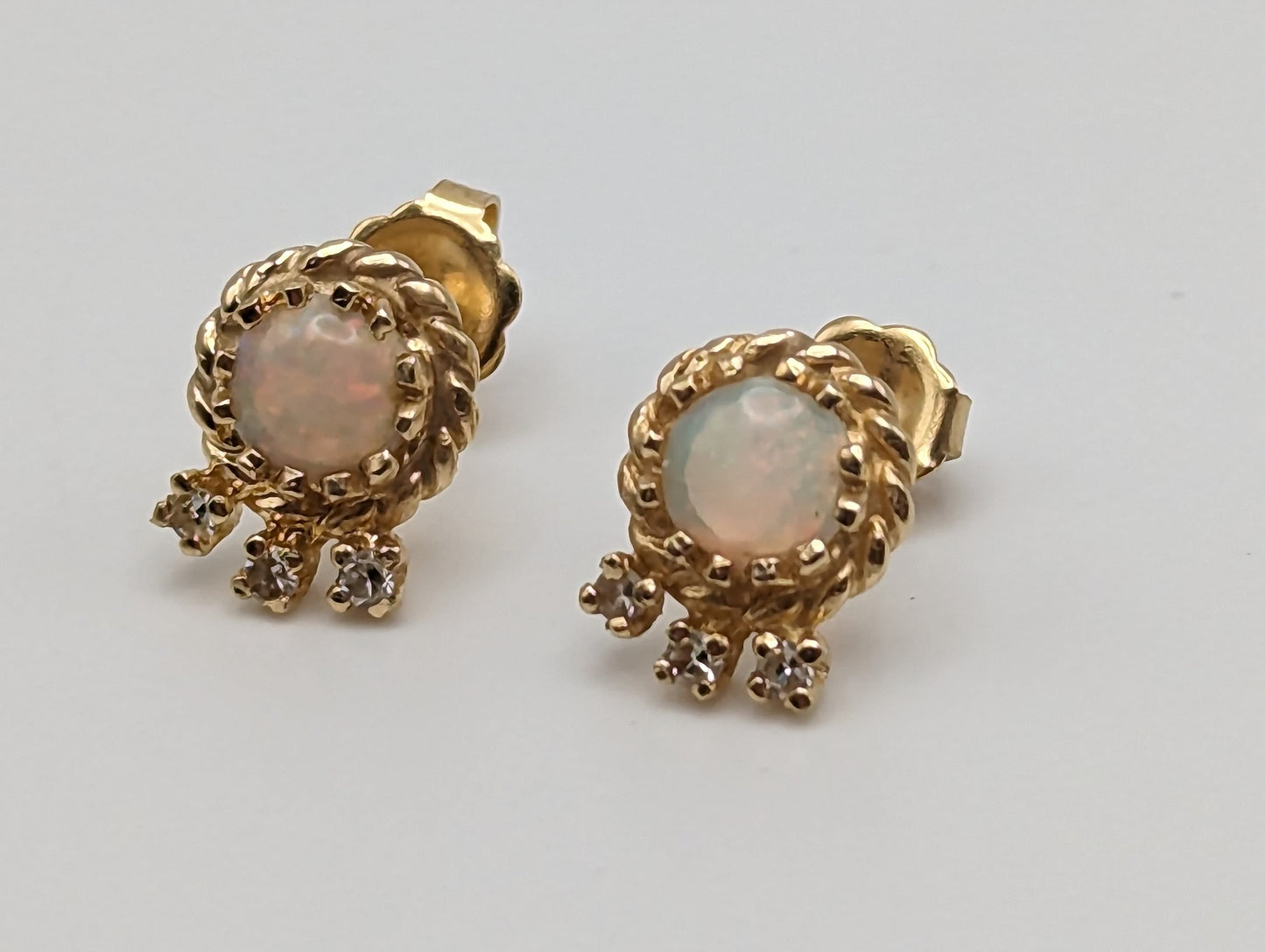 14k Yellow Gold Opal and Diamond Earrings. 14k Opal and Diamond Womens Earrings.