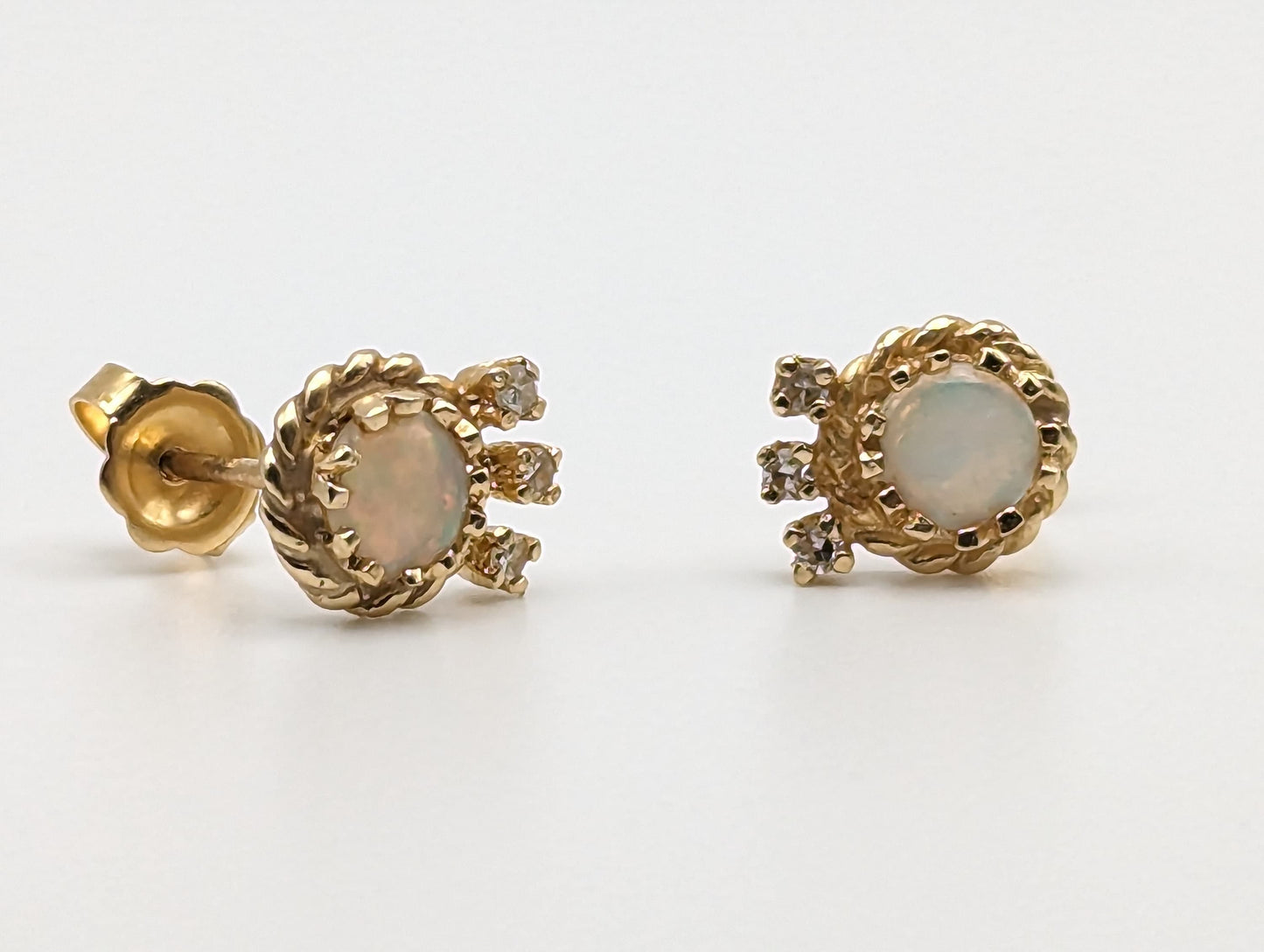 14k Yellow Gold Opal and Diamond Earrings. 14k Opal and Diamond Womens Earrings.