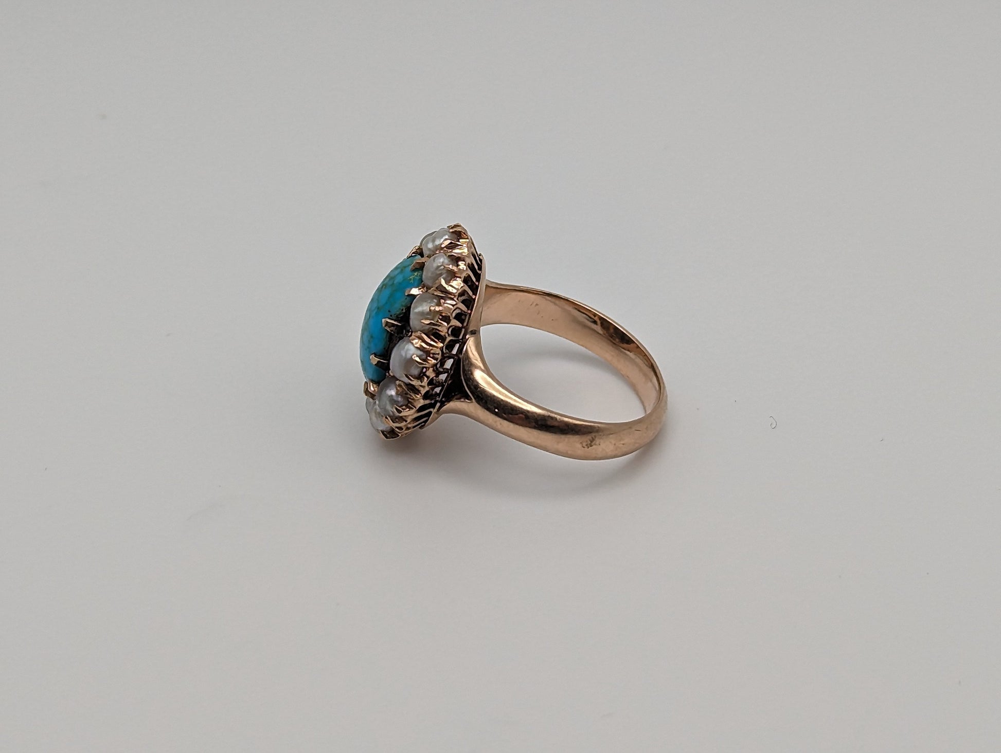 Antique 10k Turquoise Rose Gold Halo Blister Pearls Ring. Turquoise Rose Gold Ring. Antique Art Deco Turquoise Ring