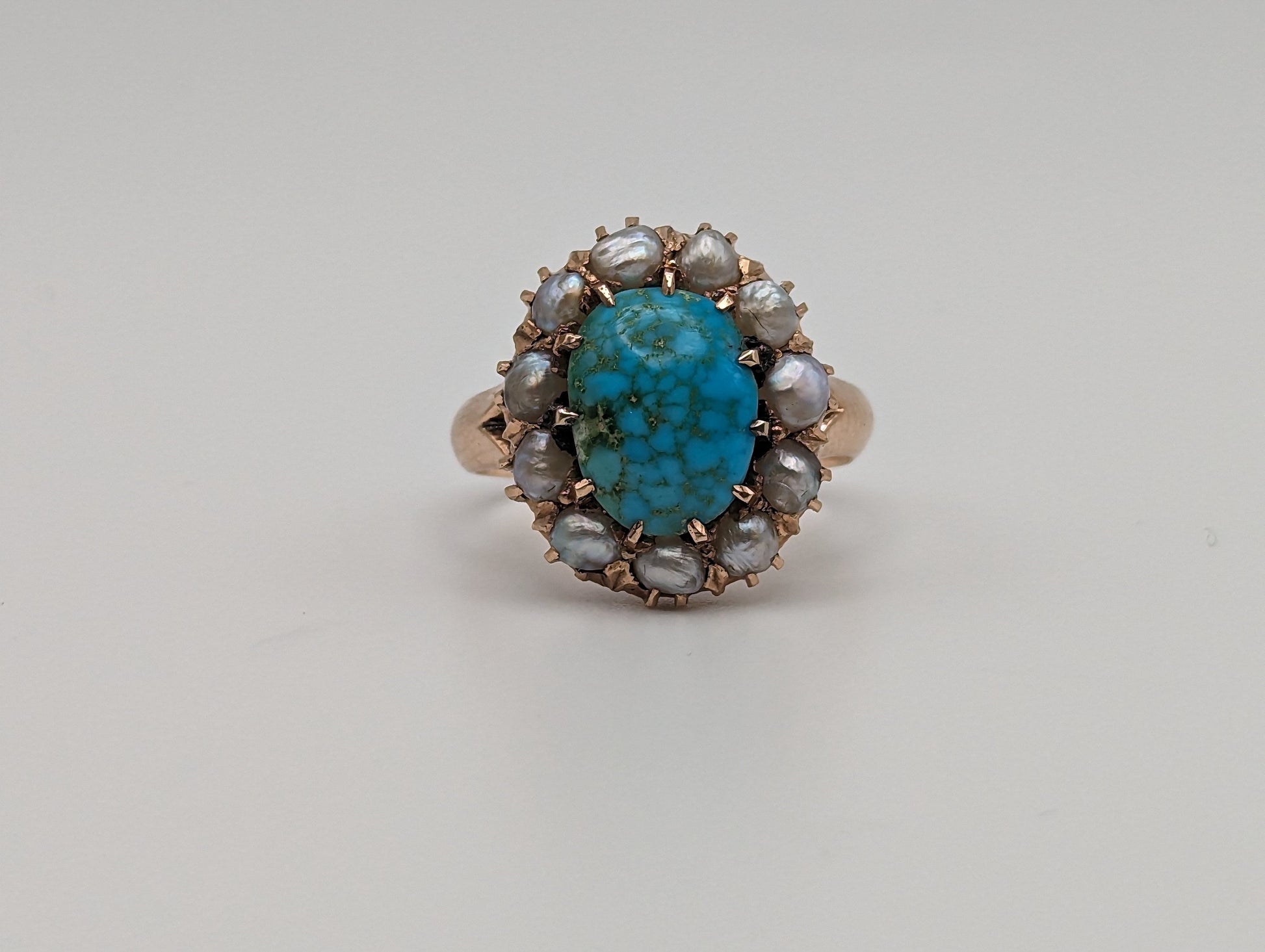 Antique 10k Turquoise Rose Gold Halo Blister Pearls Ring. Turquoise Rose Gold Ring. Antique Art Deco Turquoise Ring