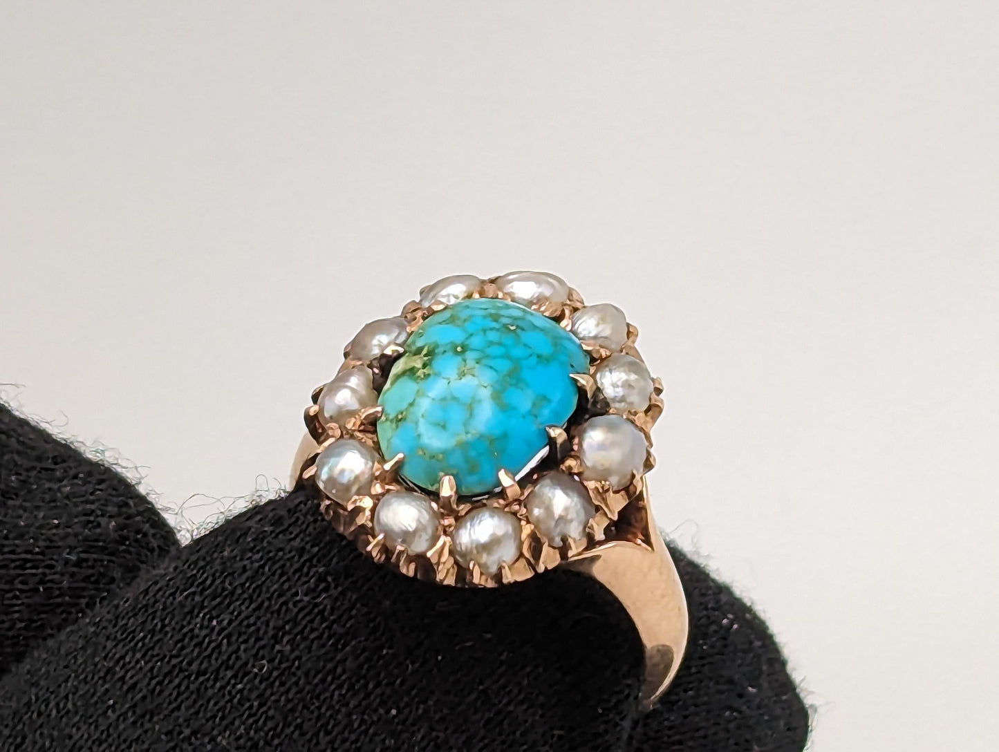 Antique 10k Turquoise Rose Gold Halo Blister Pearls Ring. Turquoise Rose Gold Ring. Antique Art Deco Turquoise Ring