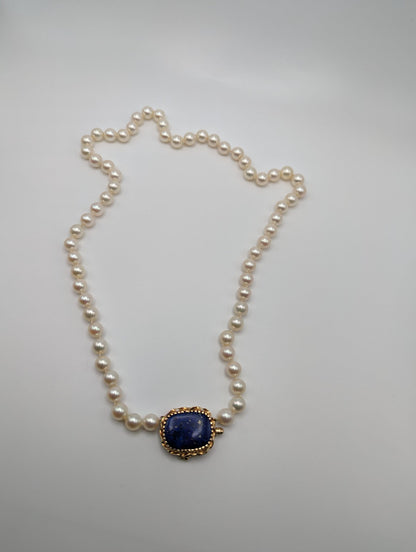 14k High-Quality Real Akoya Pearl Necklace with Lapis Lazuli. Akoya Pearl Necklace. Gold Pearl Necklace.