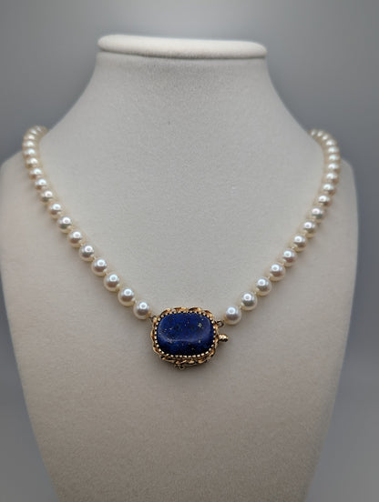 14k High-Quality Real Akoya Pearl Necklace with Lapis Lazuli. Akoya Pearl Necklace. Gold Pearl Necklace.