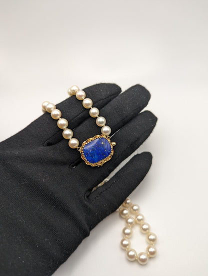 14k High-Quality Real Akoya Pearl Necklace with Lapis Lazuli. Akoya Pearl Necklace. Gold Pearl Necklace.