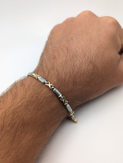 14k Two Tone X Bracelet 8" White and Yellow Gold X Bangle 14k Two Tone Bracelet
