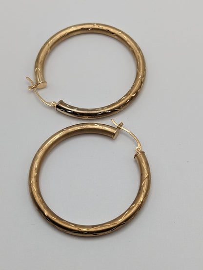 Large 14k Yellow Gold Hoop Earrings 14k Solid Gold Hoops 14k Textured Gold Hoops