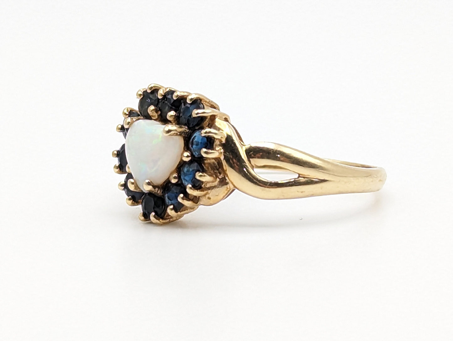 10k Yellow Gold Blue Sapphire Opal Heart Ring. Opal Sapphire Ring. Womens Heart Sapphire Opal Ring.