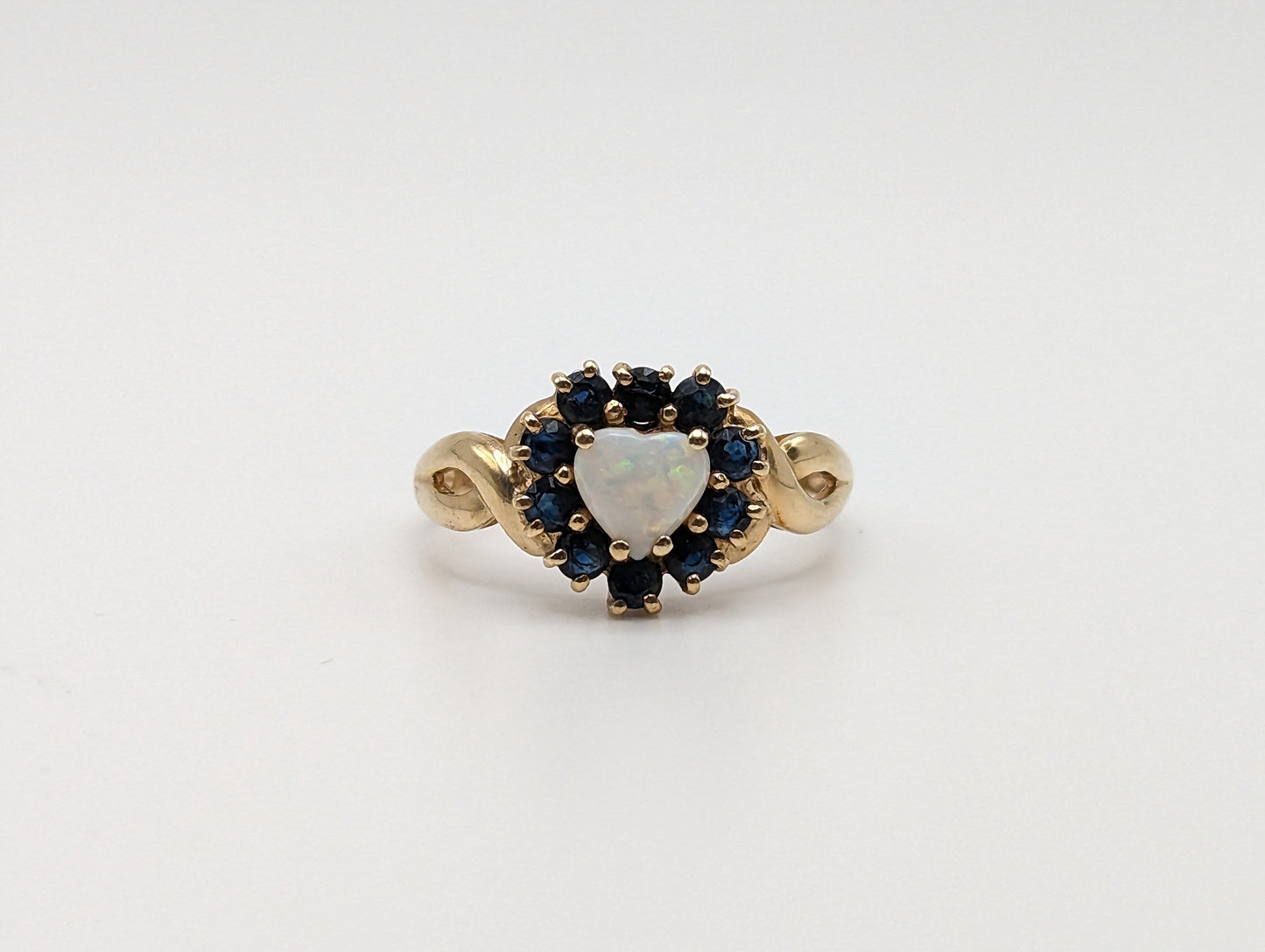 10k Yellow Gold Blue Sapphire Opal Heart Ring. Opal Sapphire Ring. Womens Heart Sapphire Opal Ring.