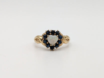 10k Yellow Gold Blue Sapphire Opal Heart Ring. Opal Sapphire Ring. Womens Heart Sapphire Opal Ring.