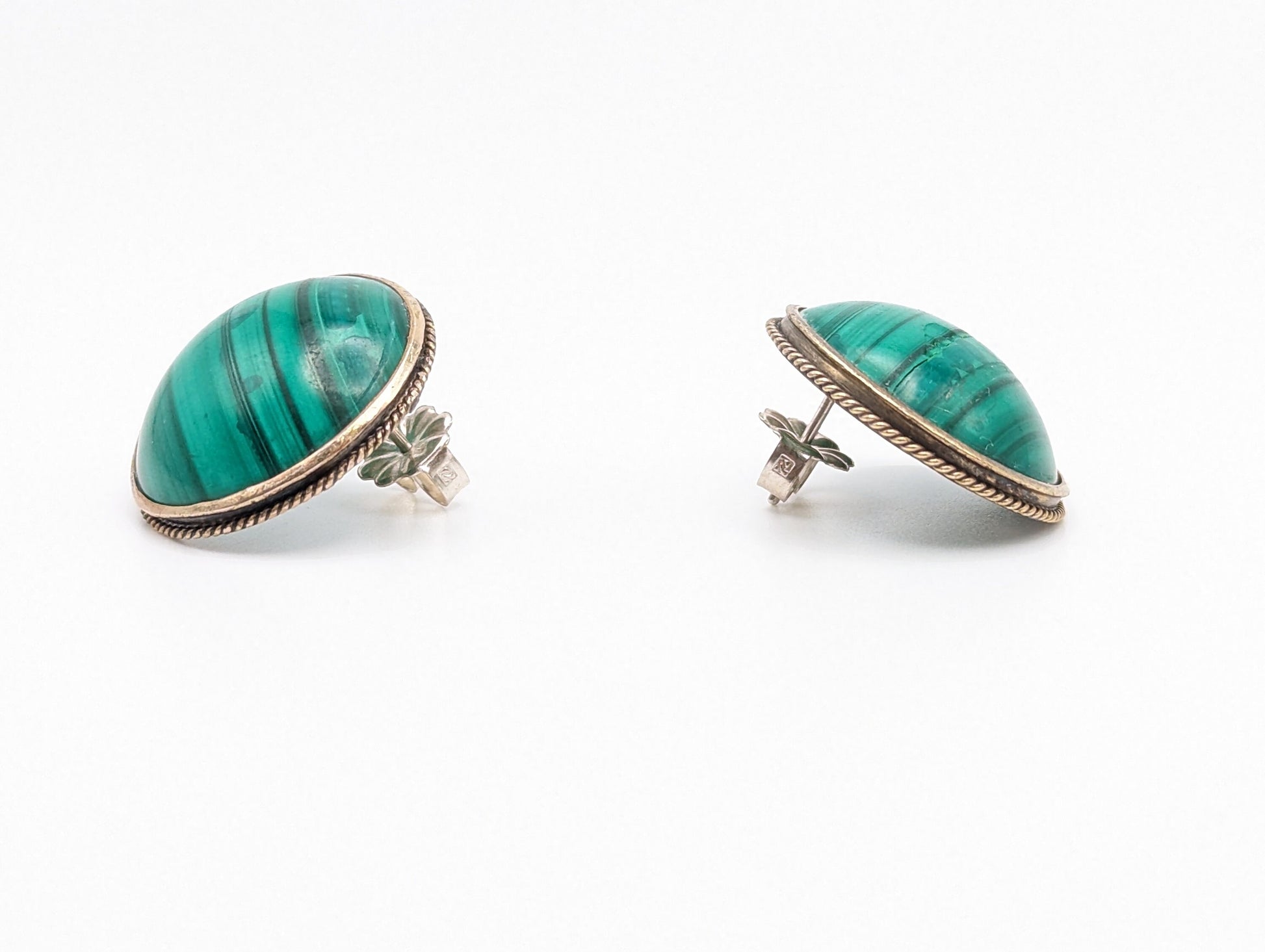 Vintage Large 10k Victorian Round Malachite Earrings. 10k Malachite Earrings. Round Malachite Earrings.
