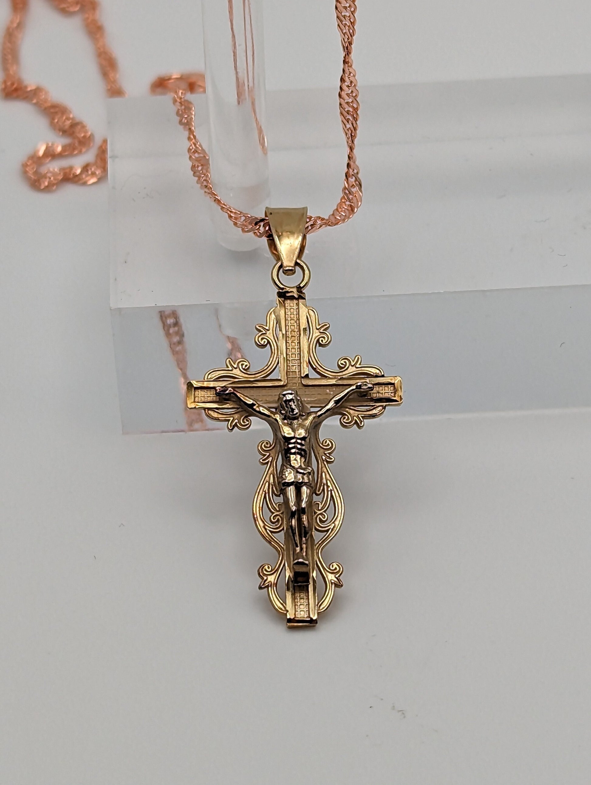 14k Gold Jesus Crucifix Cross Pendant Necklace. 14k Yellow Gold Crucifix. 14k Yellow Gold Cross Pendant + Complimentary 18k GF Necklace