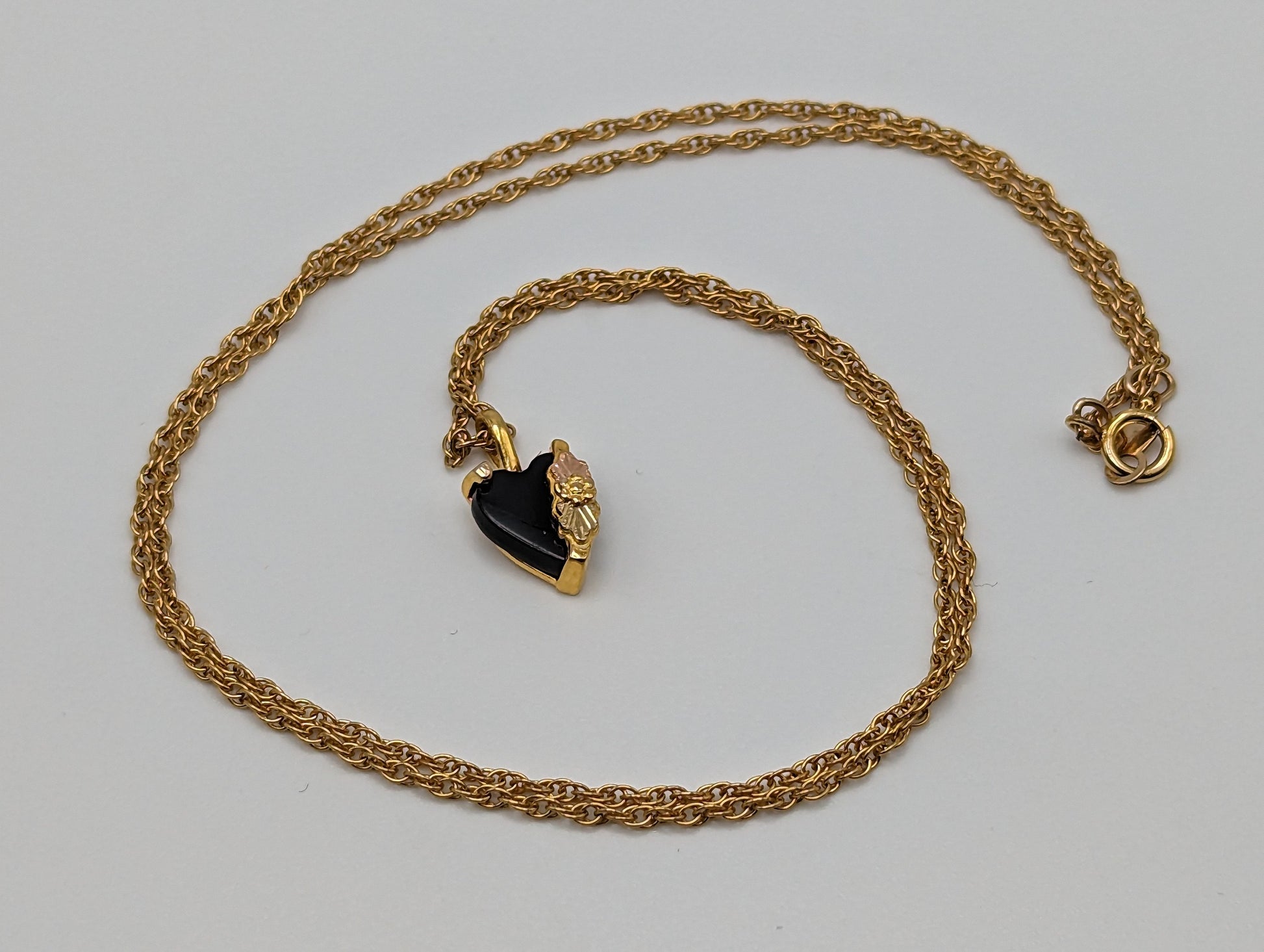 10k 12k Black Hills Gold Rose Gold Vine Onyx Heart w/ GF 12k Necklace. Black Hills Gold Onyx Heart Necklace.