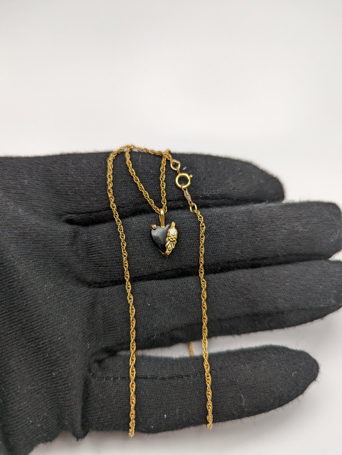 10k 12k Black Hills Gold Rose Gold Vine Onyx Heart w/ GF 12k Necklace. Black Hills Gold Onyx Heart Necklace.