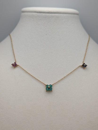 14k Yellow Gold Three Flower Pendant. 14k Yellow Gold Multi Gem Daisy Necklace 18 " necklace