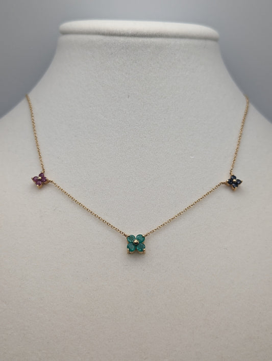 14k Yellow Gold Three Flower Pendant. 14k Yellow Gold Multi Gem Daisy Necklace 18 " necklace