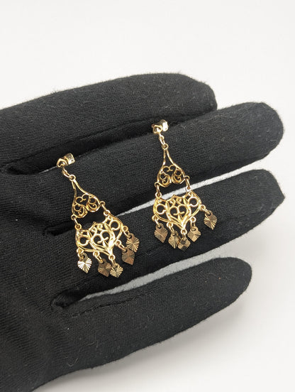 14k Yellow Gold Drop Dangel Filigree Earrings. 14k Dangel Earrings. 14k Filigree Earrings.
