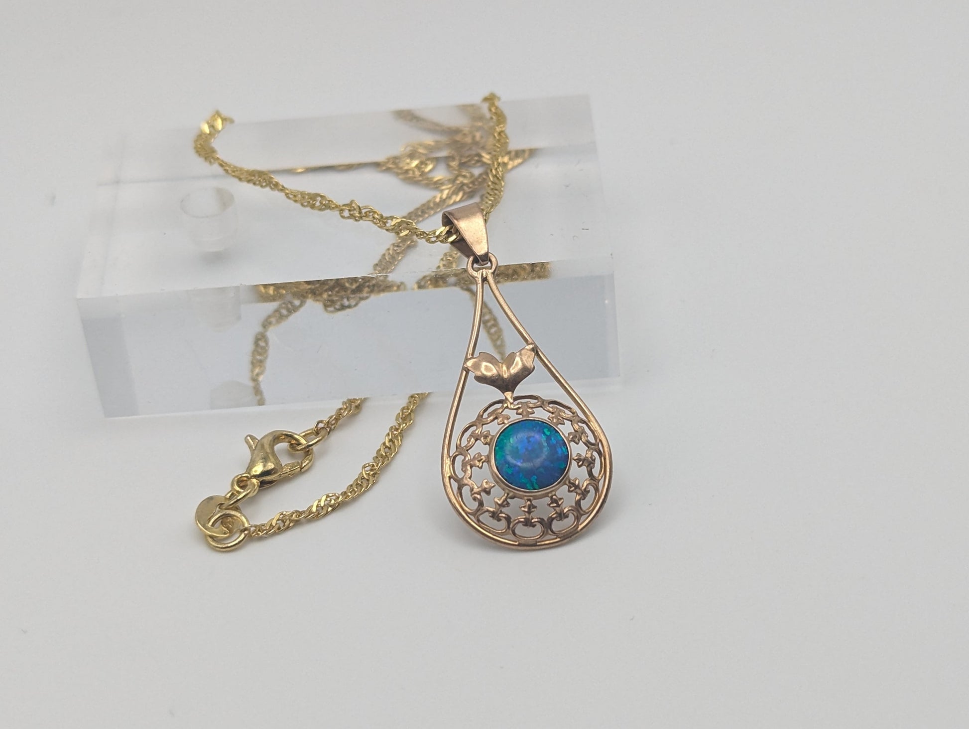 Antique 14k Yellow Gold Blue Opal Pendant Art Deco Necklace Tear Drop Filigree Opal Pendant Complimentary 18k GF necklace