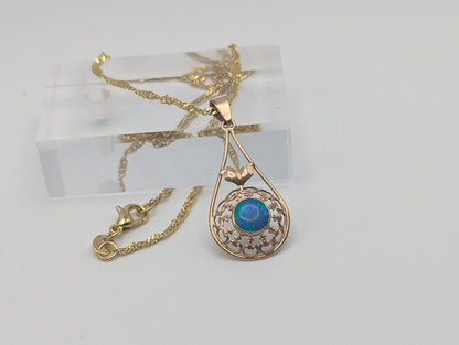 Antique 14k Yellow Gold Blue Opal Pendant Art Deco Necklace Tear Drop Filigree Opal Pendant Complimentary 18k GF necklace