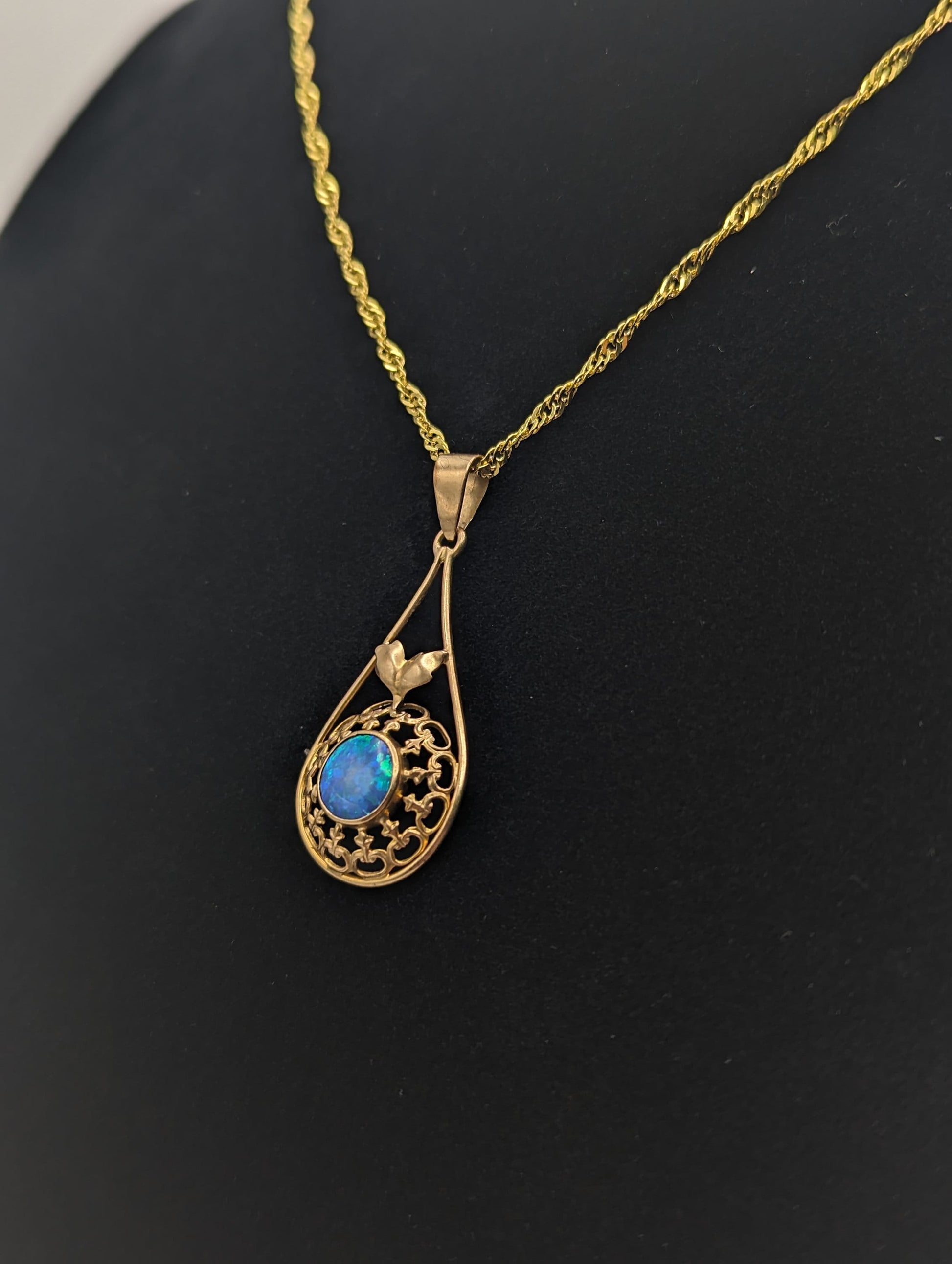 Antique 14k Yellow Gold Blue Opal Pendant Art Deco Necklace Tear Drop Filigree Opal Pendant Complimentary 18k GF necklace